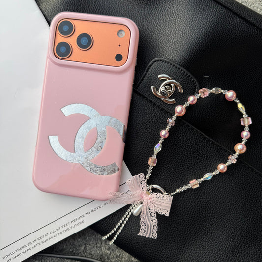 Asymmetric Design Glitter CC Phone Case With Lace Chain