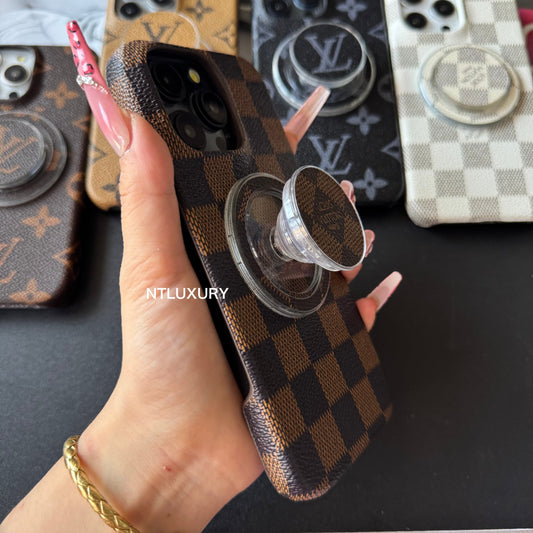 Coque de téléphone traditionnelle avec support MagSafe pour iPhone (treillis marron)