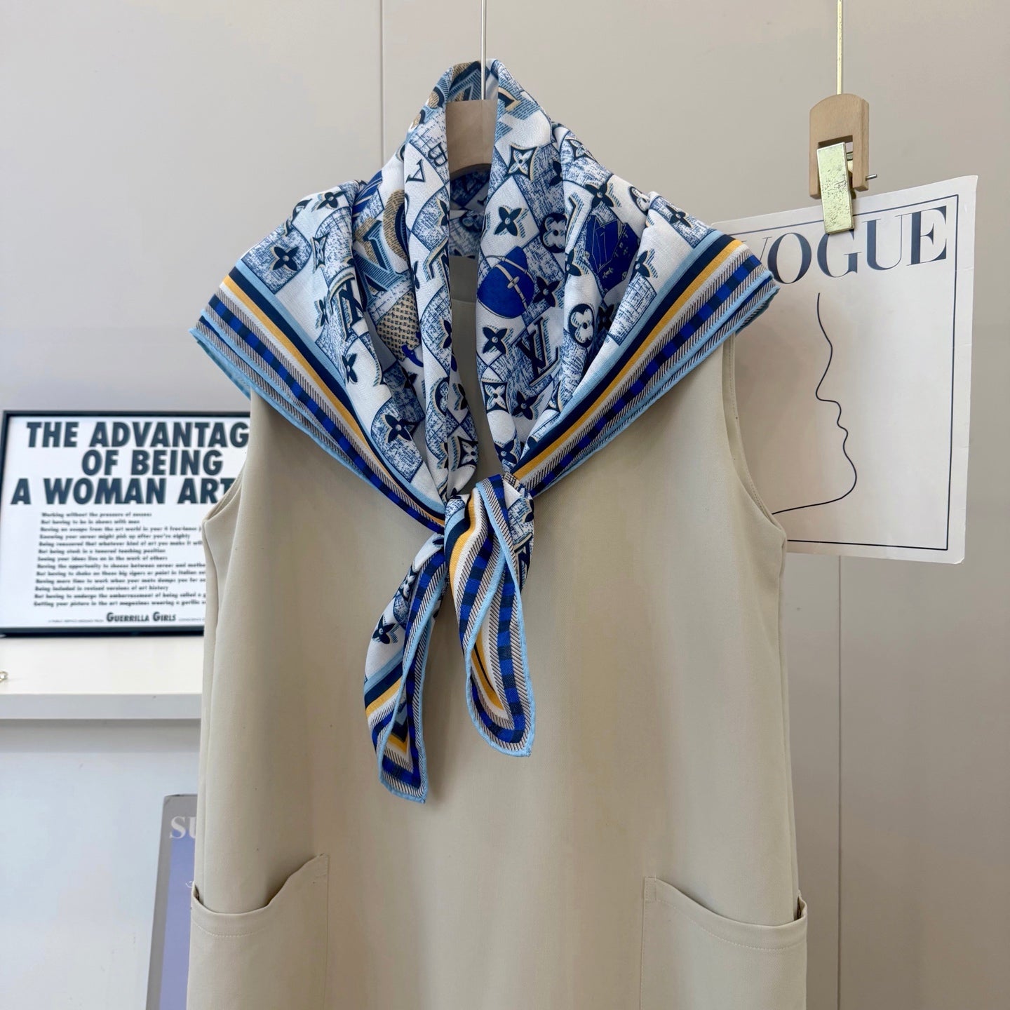 Chessboard Love Long Silk Scarf (Blue)
