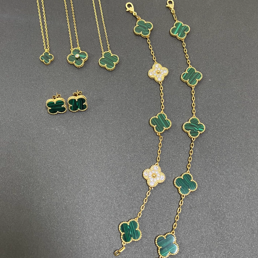 Vintage Leaves Green Bracelet & Earrings & Necklace 6 Set (Gold)