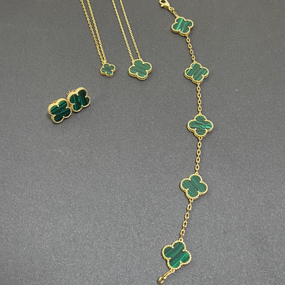 Vintage Leaves Green Bracelet & Earrings & Necklace 6 Set (Gold)