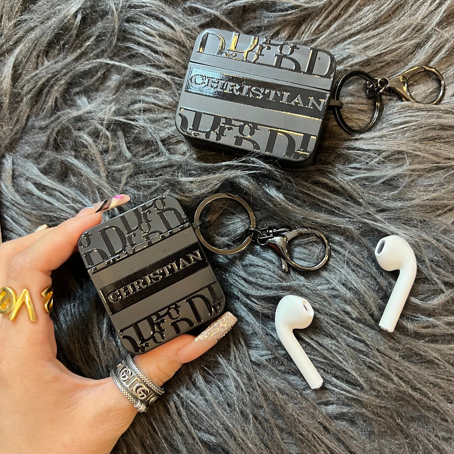 Black Trendy Airpods Case ( Cute D)