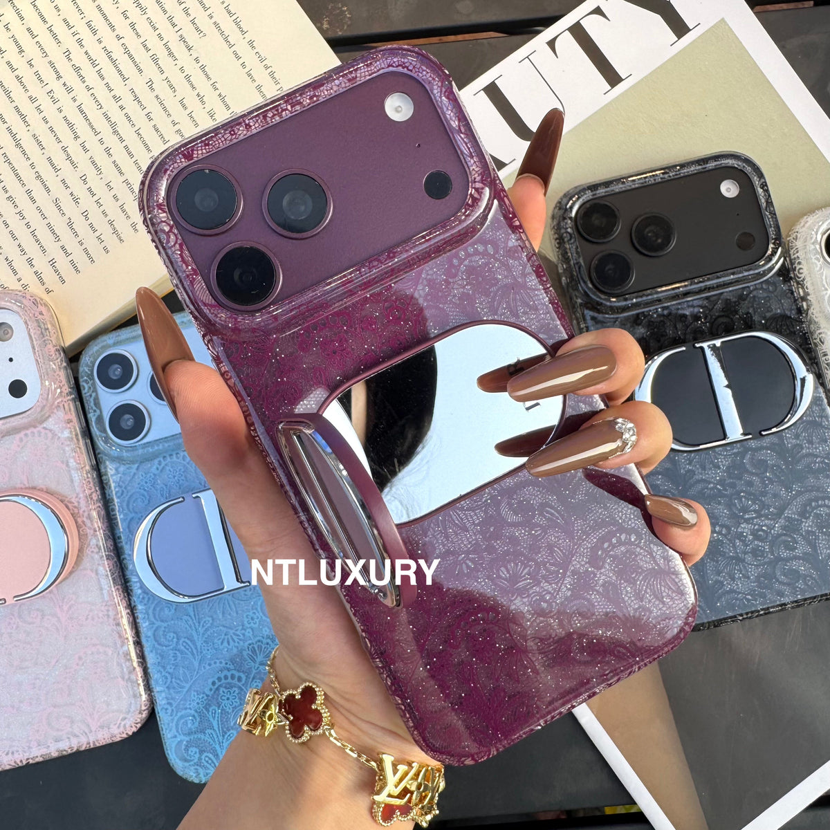 Lace Patch Dove Girl Phone Case with Mirror Holder