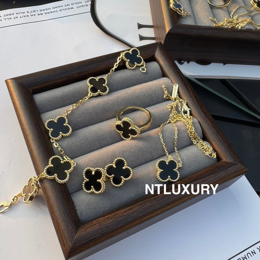 Leaves Gold Designs 4 Set (Earrings+Ring+Bracelet +Necklace) - Black