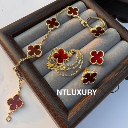 Leaves Gold Designs 4 Set (Earrings+Ring+Bracelet +Necklace) - Red