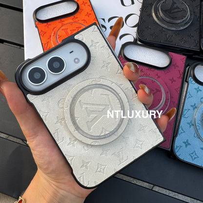 Funda de teléfono colorida de mezclilla con diseño de chica y corazón para iPhone Duo con soporte MagSafe