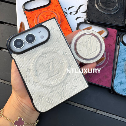 Funda de teléfono colorida de mezclilla con diseño de chica y corazón para iPhone Duo con soporte MagSafe
