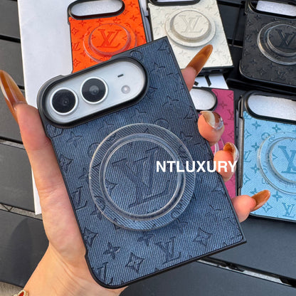 Funda de teléfono colorida de mezclilla con diseño de chica y corazón para iPhone Duo con soporte MagSafe