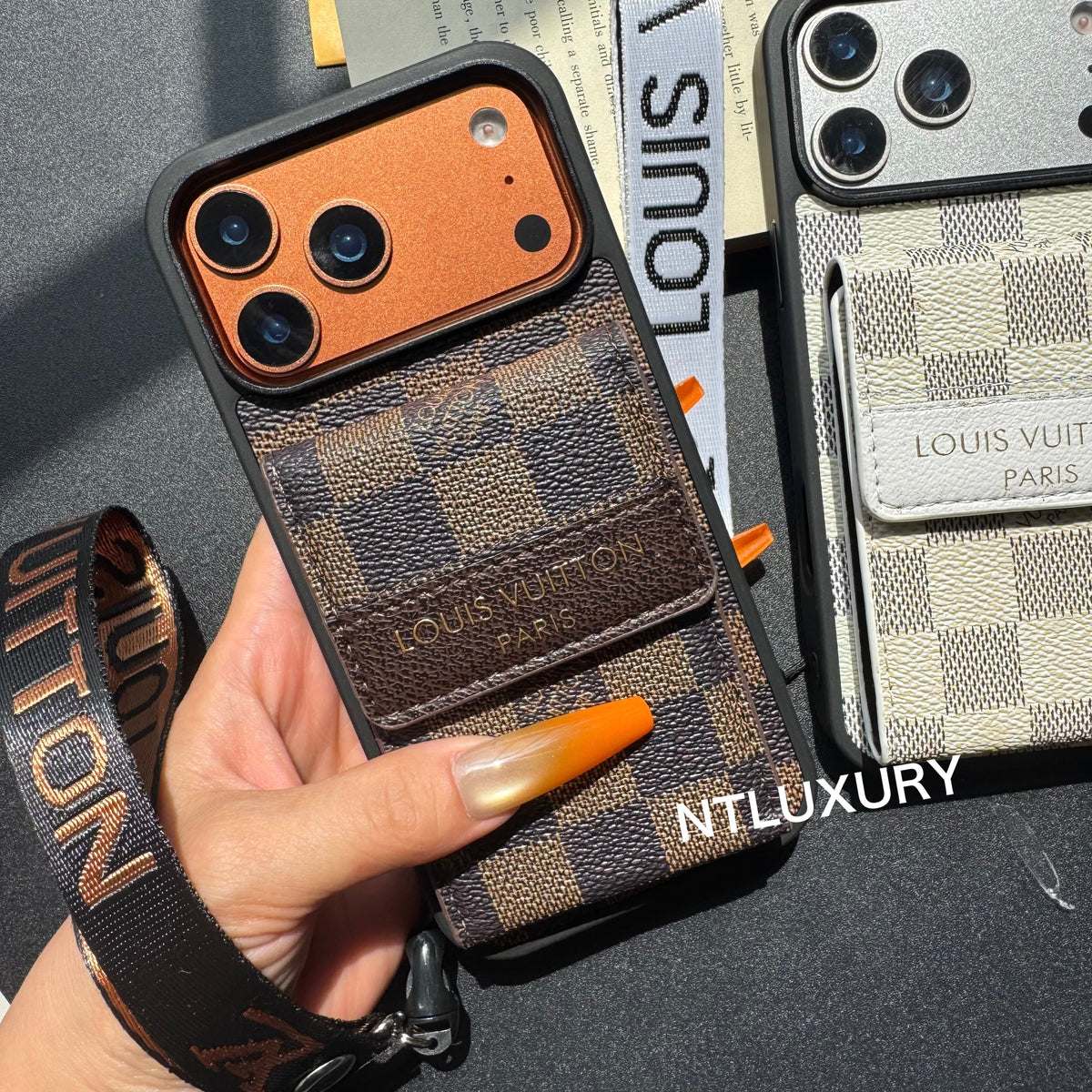 Nouvelle coque de téléphone fantaisie traditionnelle avec porte-monnaie et rayures (treillis)