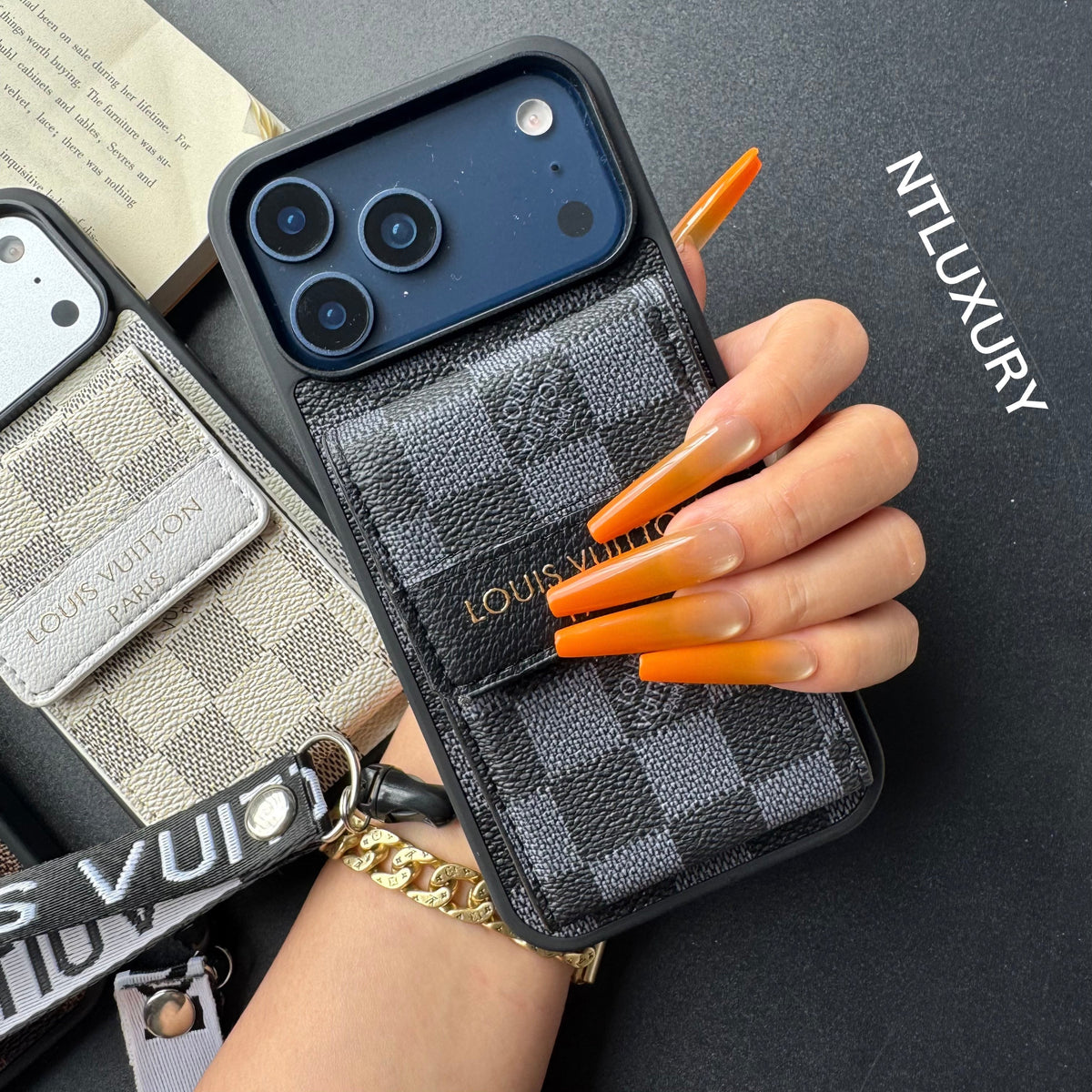 Nouvelle coque de téléphone fantaisie traditionnelle avec porte-monnaie et rayures (treillis)