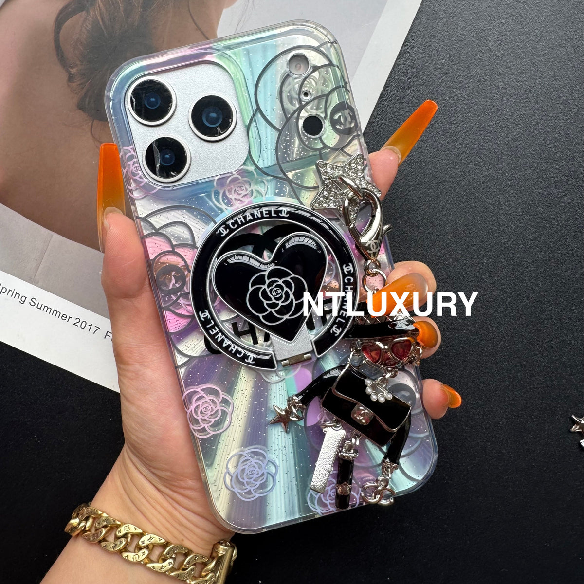 Coque de téléphone Laser Shining C avec support Magsafe et pendentif