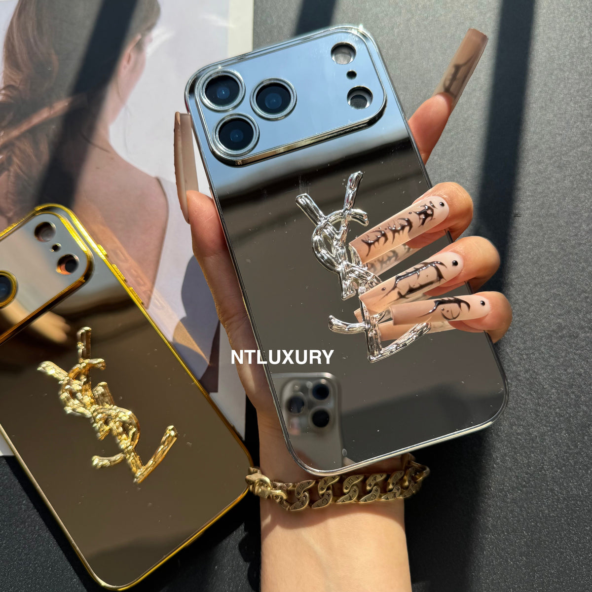 Coque de téléphone à paillettes "Yes Girl" avec miroir