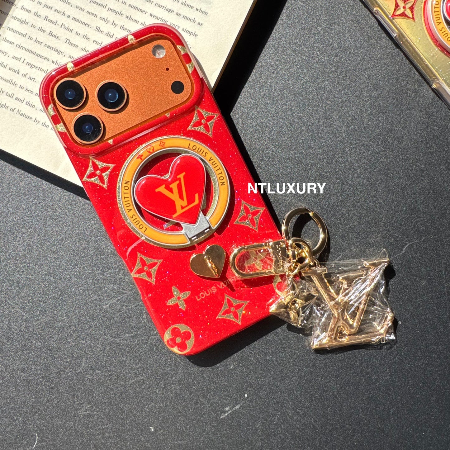 Orange & Red Gliiter Love Phone Case with Magsafe Holder & Pendant (3 Set)