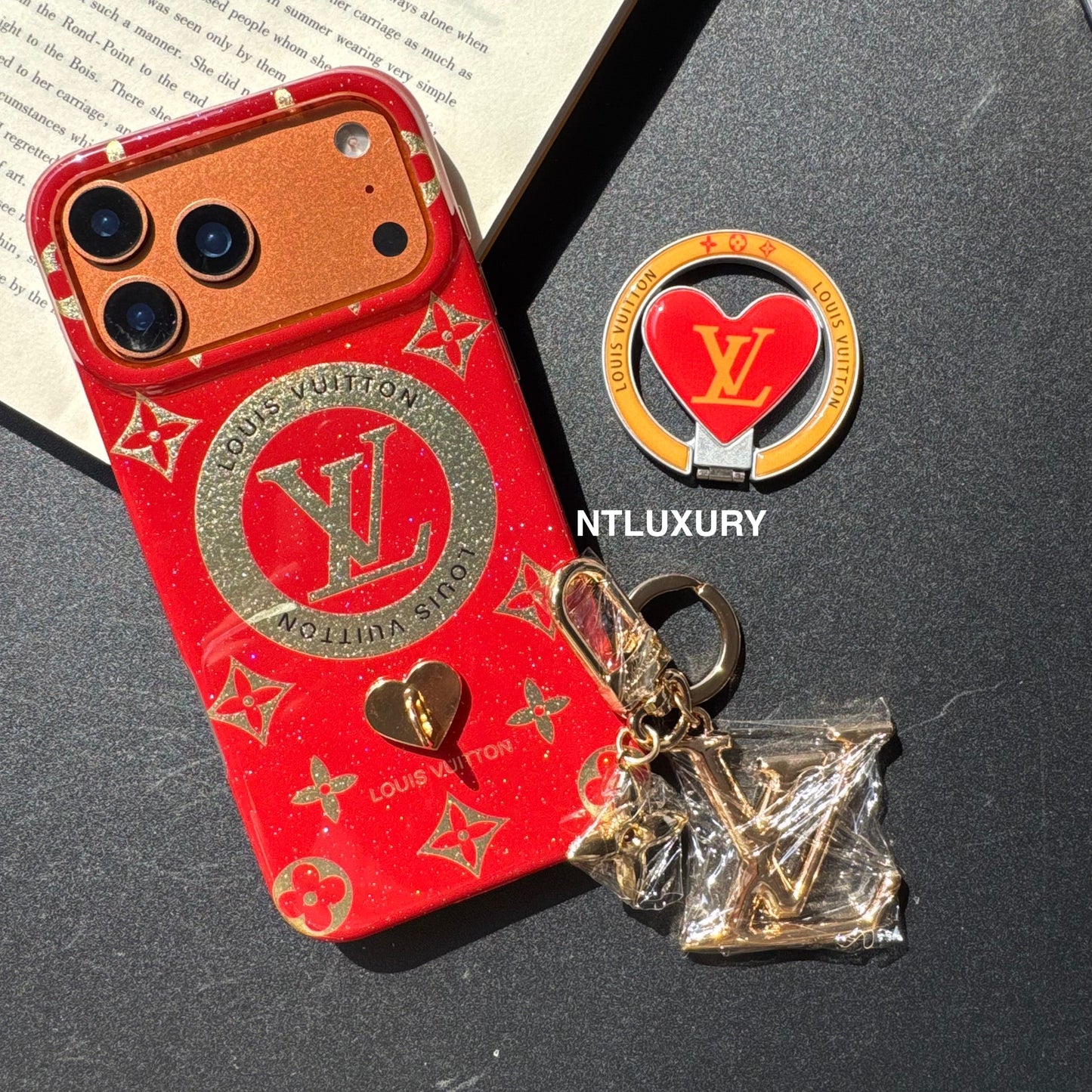 Orange & Red Gliiter Love Phone Case with Magsafe Holder & Pendant (3 Set)