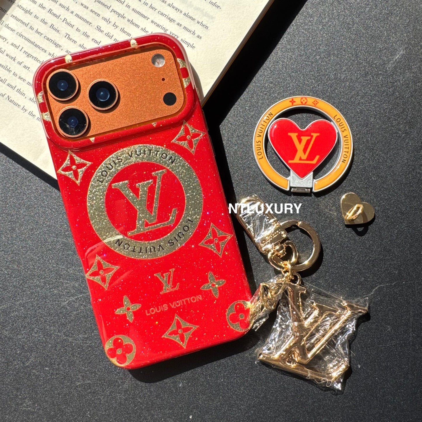 Orange & Red Gliiter Love Phone Case with Magsafe Holder & Pendant (3 Set)