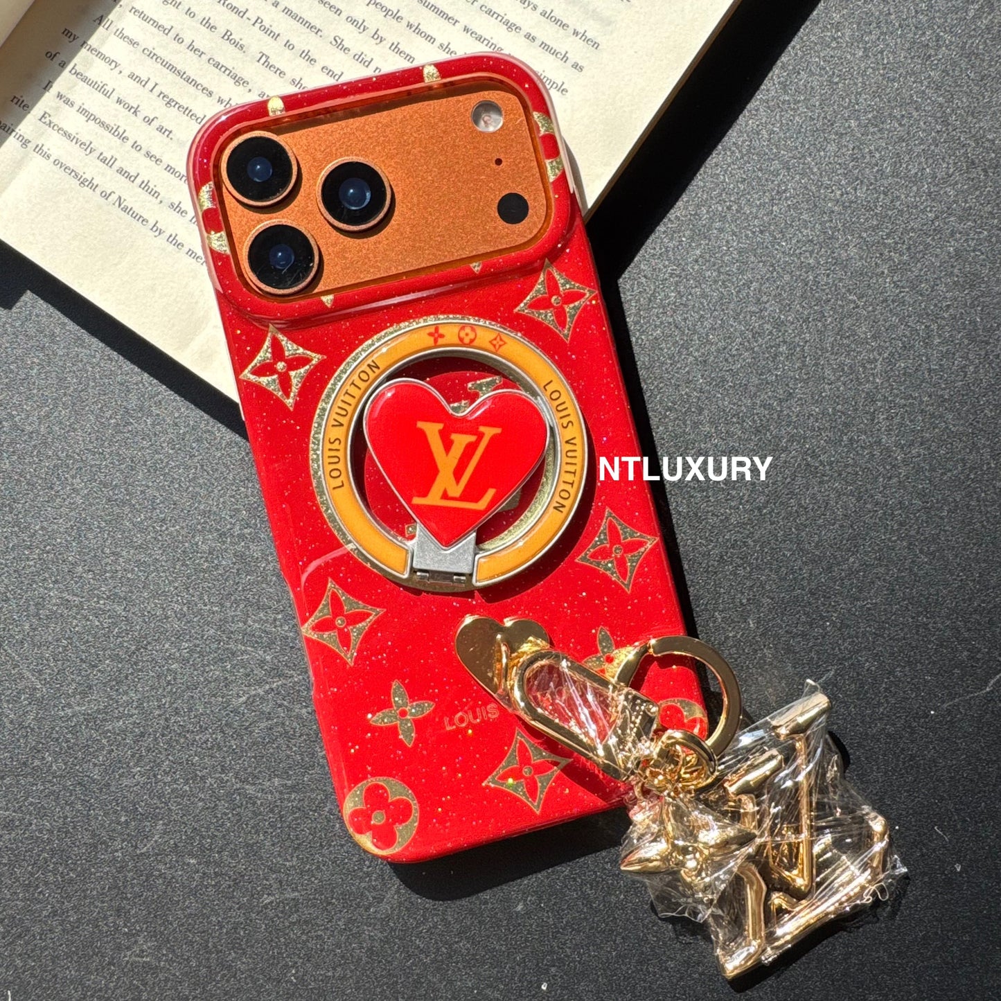 Orange & Red Gliiter Love Phone Case with Magsafe Holder & Pendant (3 Set)