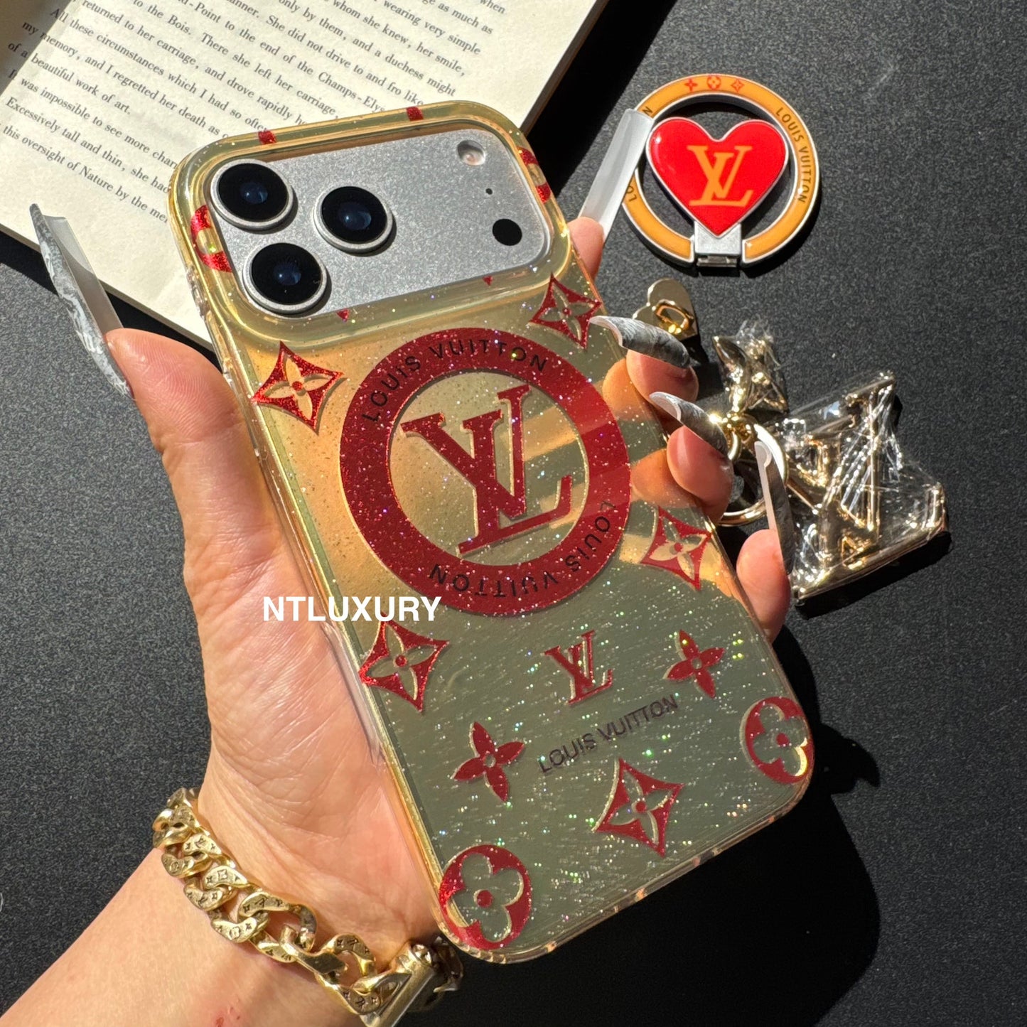 Orange & Red Gliiter Love Phone Case with Magsafe Holder & Pendant (3 Set)