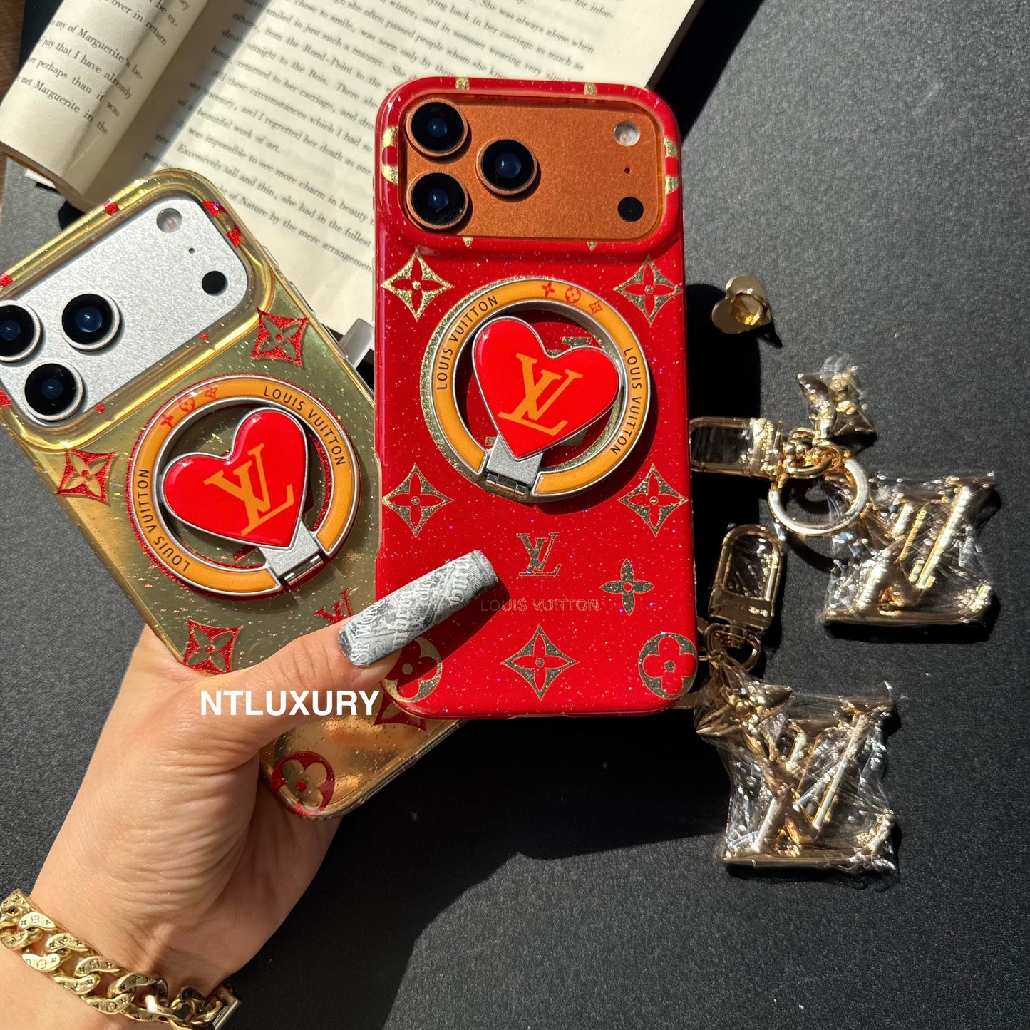 Orange & Red Gliiter Love Phone Case with Magsafe Holder & Pendant (3 Set)