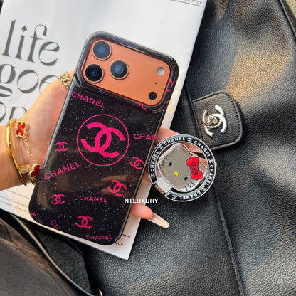 Funda MagSafe para teléfono CC rosa y negra con soporte para gatos