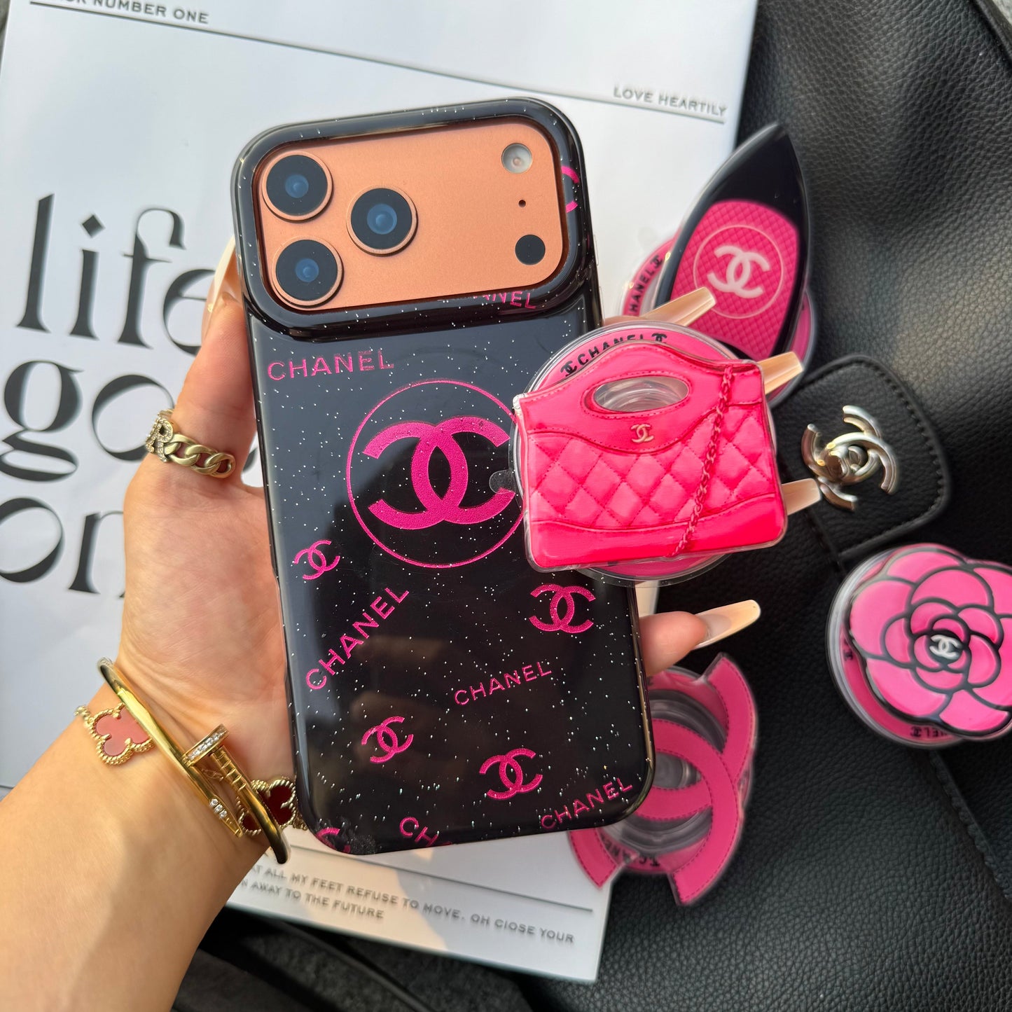 Black Pink CC Magsafe Phone Case with Cute Holder