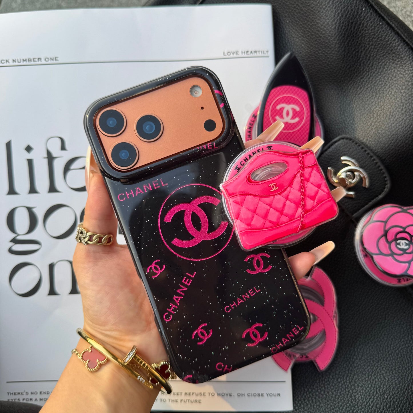 Black Pink CC Magsafe Phone Case with Cute Holder
