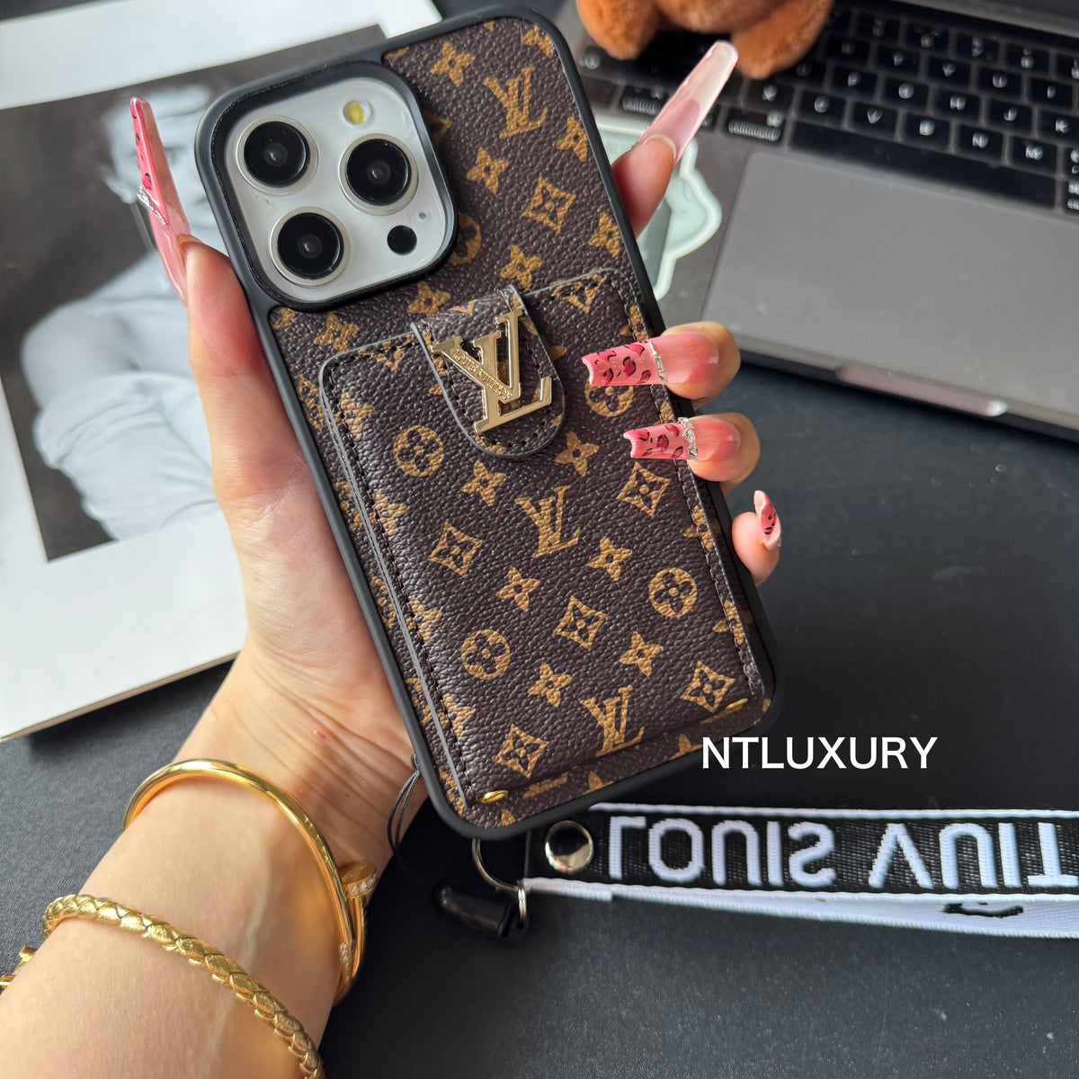 Étui de téléphone avec porte-cartes et rayures motif amour traditionnel