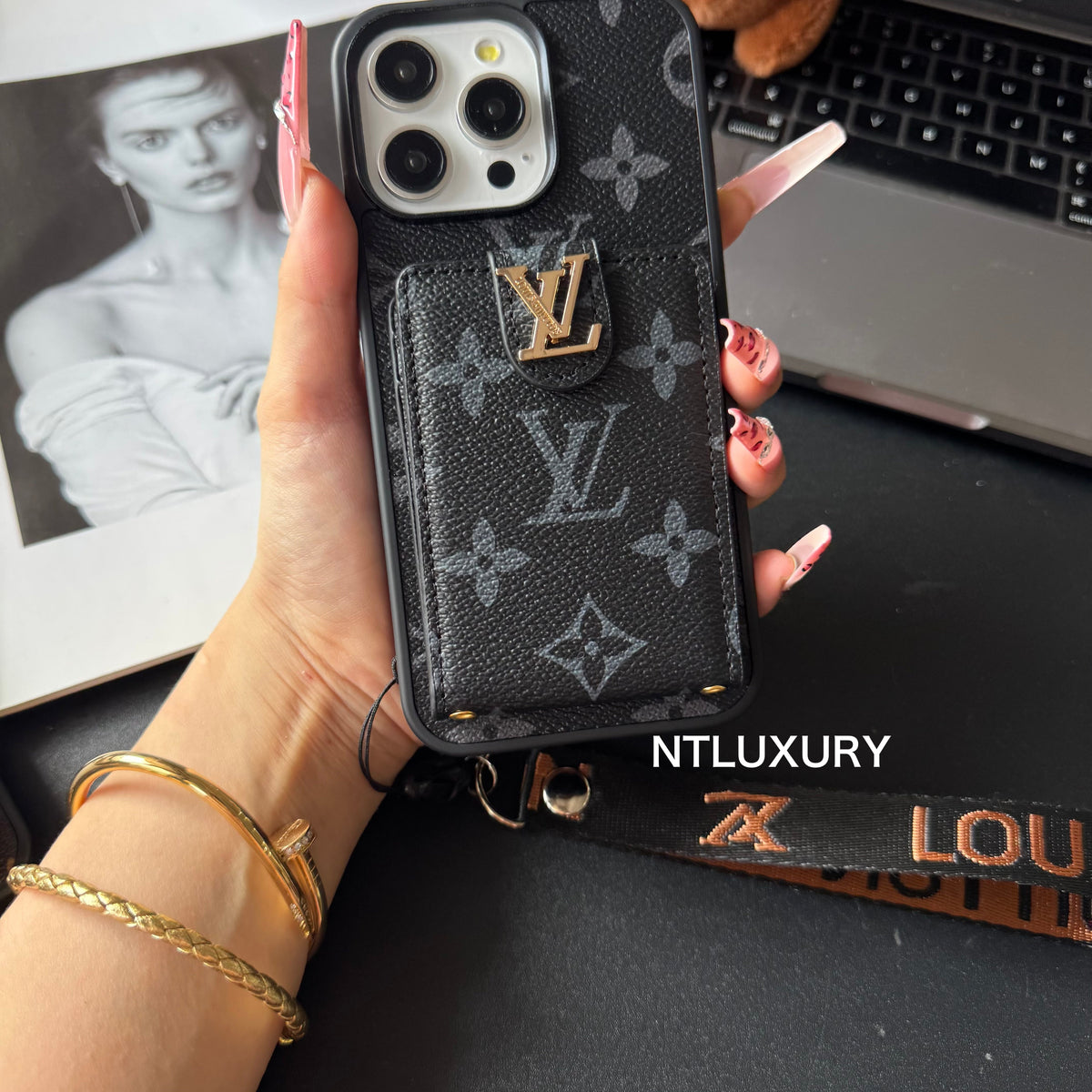 Étui de téléphone avec porte-cartes et rayures motif amour traditionnel