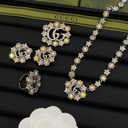 Colored Diamonds Good Design 4 Set (Earrings+Brooch+Rings +Necklace)