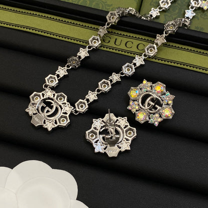 Colored Diamonds Good Design 4 Set (Earrings+Brooch+Rings +Necklace)