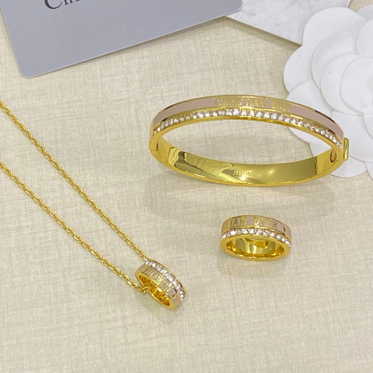 Enamel Dove Design Jewelry 3 Set (Ring+Bracelet +Necklace) - Milk Tea