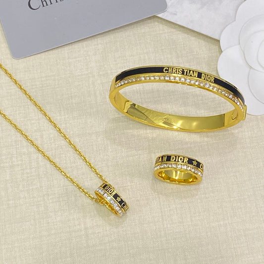 Enamel Dove Design Jewelry 3 Set (Ring+Bracelet +Necklace) - Black