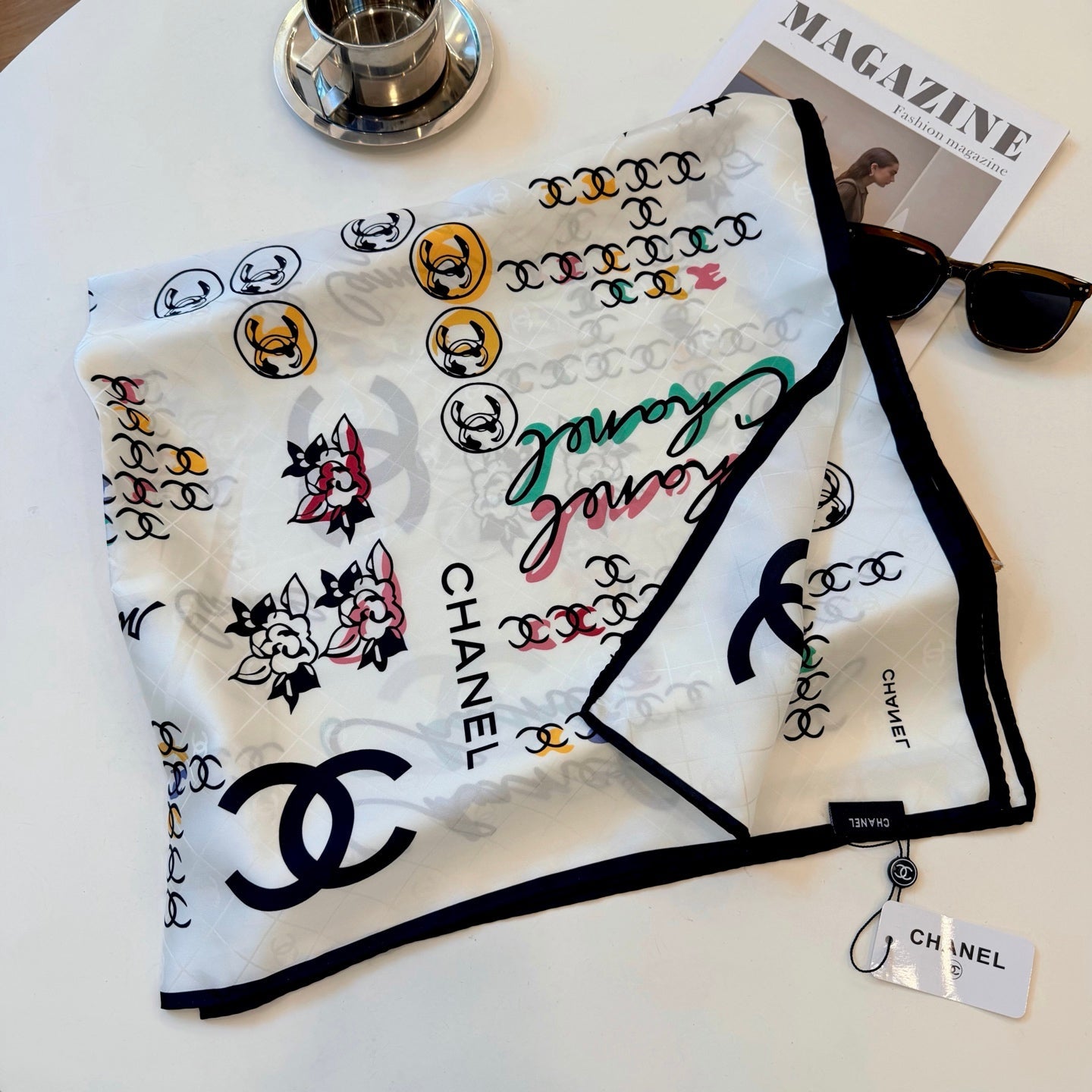 Flower CC Square Silk Scarf
